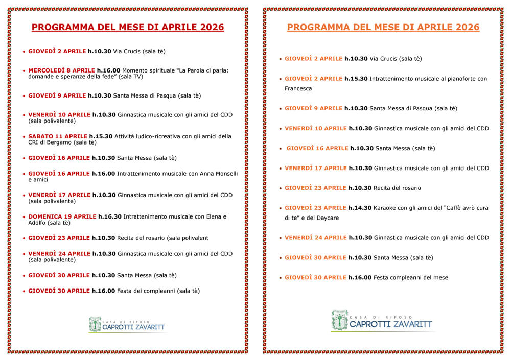 Programmi mese di Aprile 2026